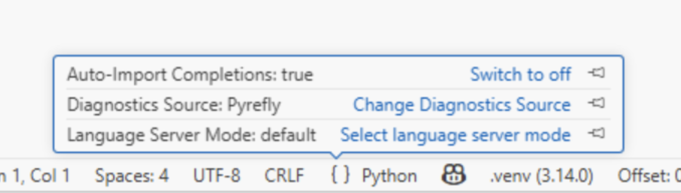 The Diagnostics Source status bar item