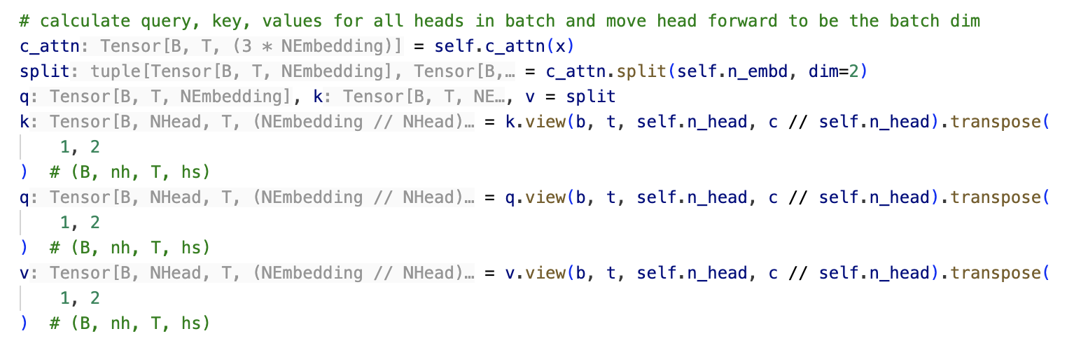 NanoGPT attention QKV computation with inlay type hints showing Tensor[B, NHead, T, NEmbedding // NHead]