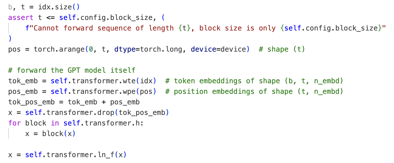 NanoGPT forward without tensor shape hints — every variable is bare Tensor